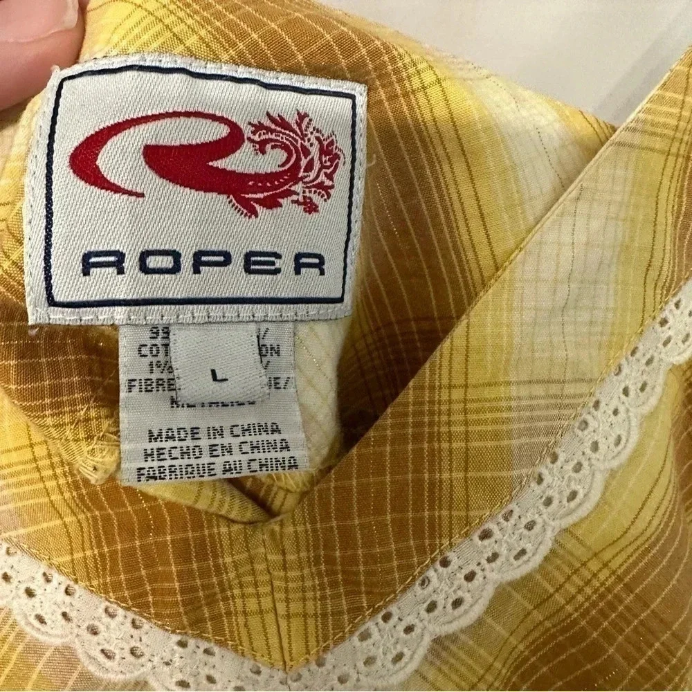 Roper Yellow Plaid Spaghetti Strap with Lace Detail Blouse Size Large